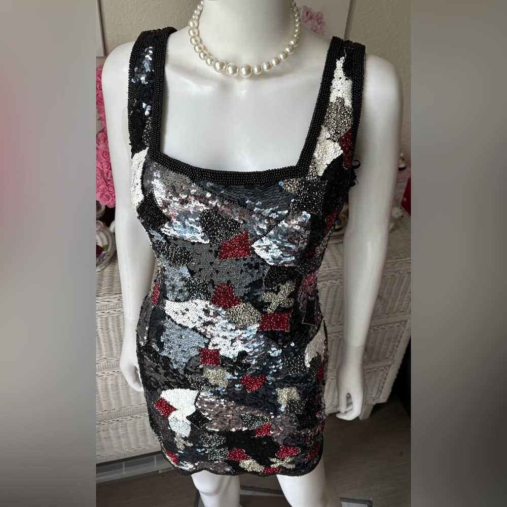 Vintage Oleg Cassini Sequin Silk Mini Dress BodyCon Low Cut Black & White Size 4 - Picture 3 of 12